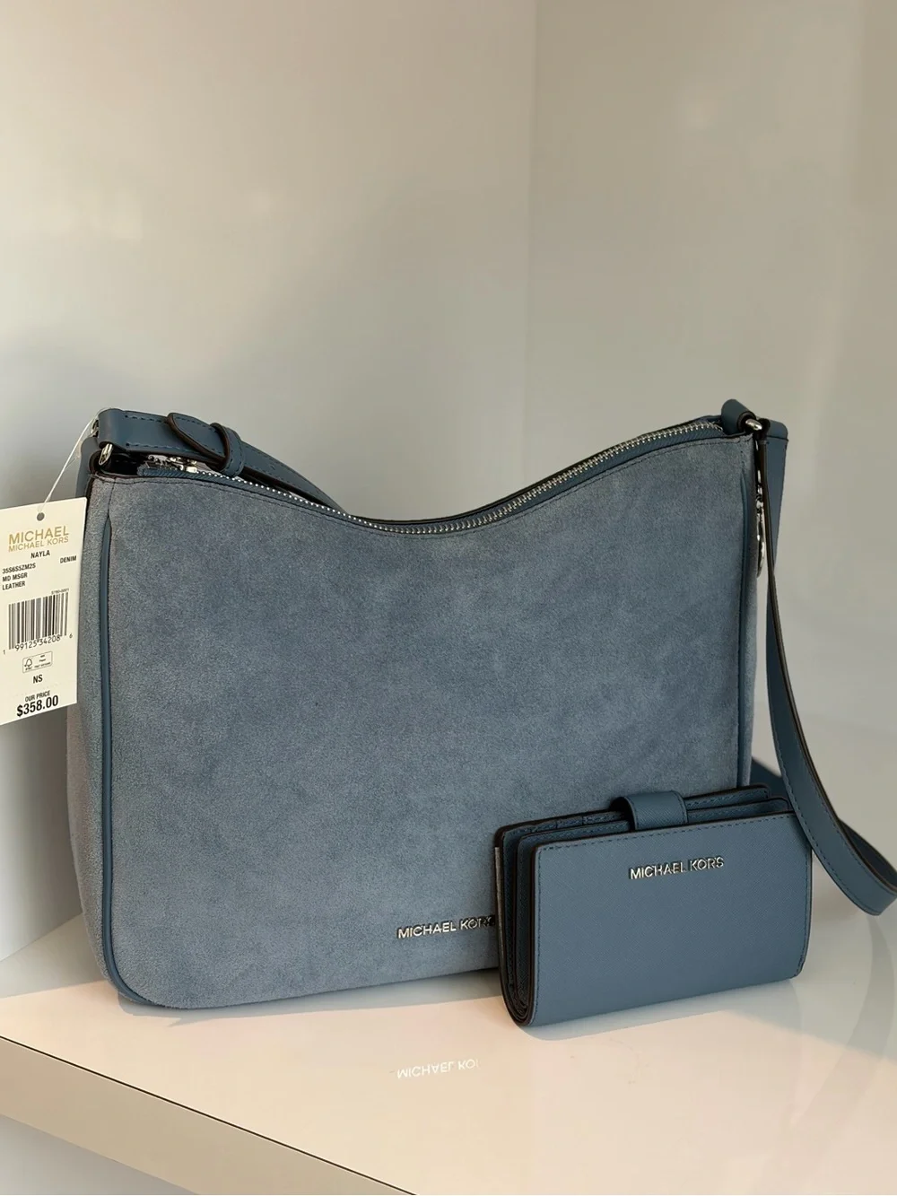 Michael Kors Blue Denim Suede Shoulder Bag with Matching Wallet Set